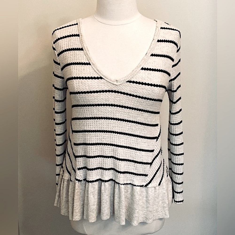 Eri & Ali Anthropologie Black Cream Striped XS Boho Chic Waffle Knit Peplum Top